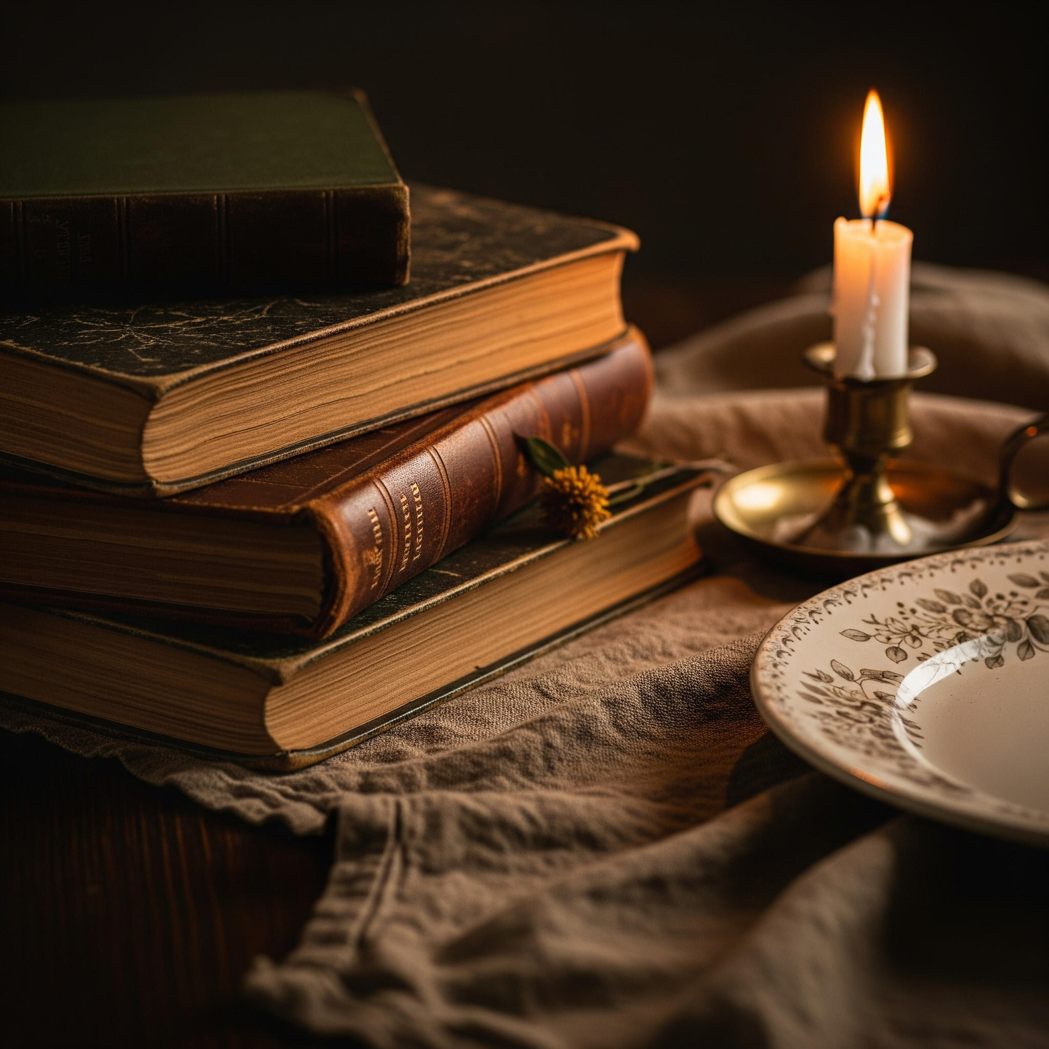 Discussing Great Works Over Dinner A picture with a stack of books, a candle, and a dinner plate